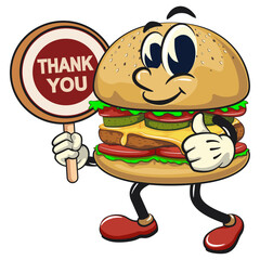 cute burger retro vektor illustration mascot character say thank you, work of hand drawn