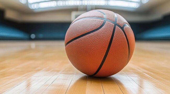 Basketball on hardwood court. Blurry indoor arena background