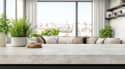 Modern kitchen countertop with city view