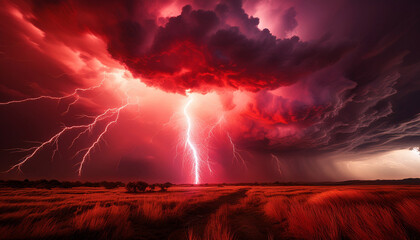 a vivid powerful display of red lightning erupting within a stormy ominous sky