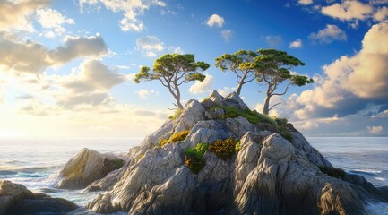 Obraz premium Rocky outcrop with two trees at sunrise over the sea