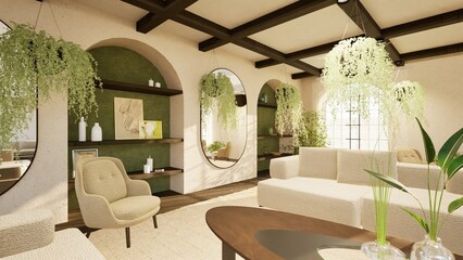 3D render of a modern Mediterranean living room with arched niches, wooden beams, beige boucle sofas, and lush greenery. Warm natural light enhances the cozy, stylish, and elegant interior design.