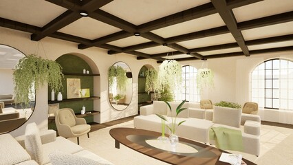 3D render of a modern Mediterranean living room with arched niches, wooden beams, beige boucle sofas, and lush greenery. Warm natural light enhances the cozy, stylish, and elegant interior design.
