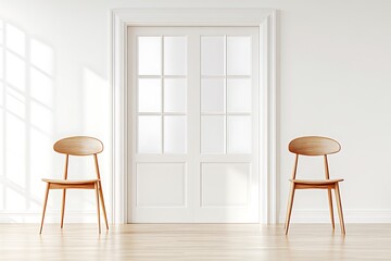 Elegant interior with symmetrical wood chairs and natural light features