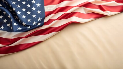 Obraz premium Close up of an american flag with stars and stripes on a light beige background
