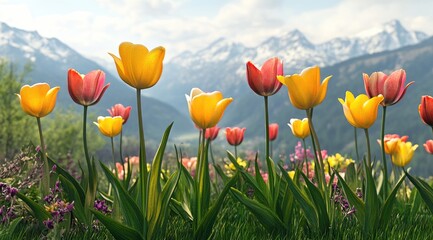 Fototapeta premium Colorful tulips in a mountain meadow