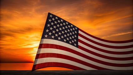 American flag waving against a vibrant sunset sky with red, orange, and yellow colors