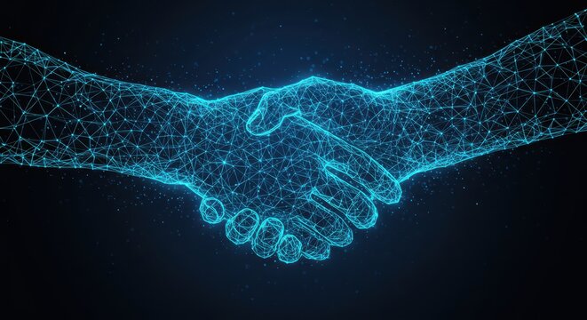 Digital handshake with glowing network connections against a dark background