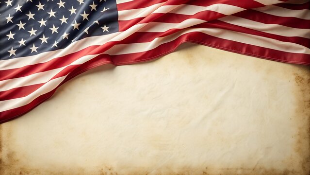 American flag on vintage parchment paper background with copy space for text