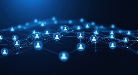 Abstract network of people icons connected by lines on a blue background
