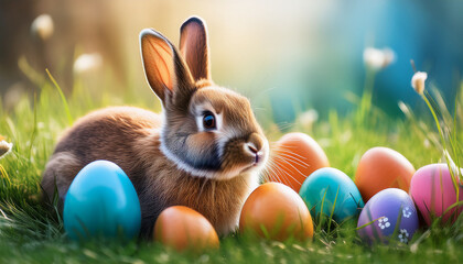 easter bunny and colorful easter eggs in green grass cute easter greeting card