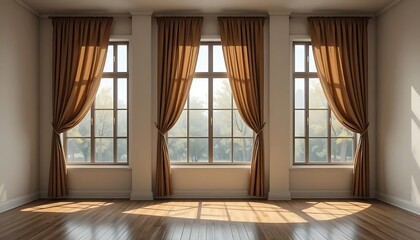 Fototapeta premium Serene light filled room with natural wood flooring and tall windows