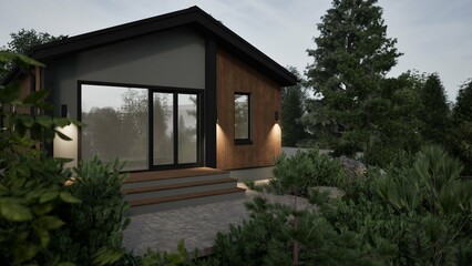 Modern small house in the forest. Minimalist architecture with wooden facade and large windows. Surrounded by lush greenery and tall trees. Peaceful nature retreat. 3d render