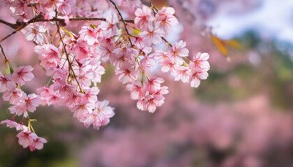 Obraz premium a bunch of pale pink thai cherry blossoms prunus cerasoides dangling from their branches in japanese style soft tone soft focus