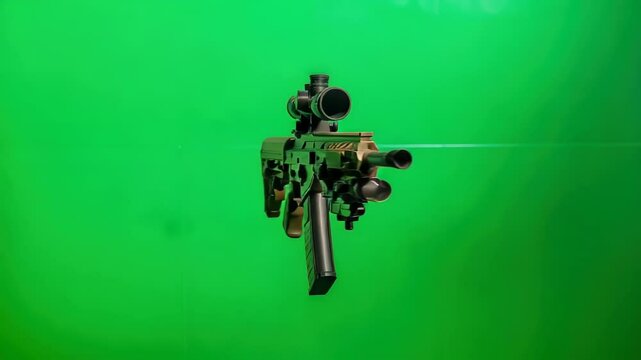 Precision rifle system against vibrant green screen backdrop showcases tactical design