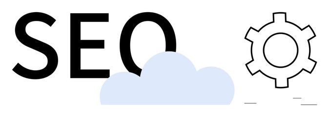 SEO text with cloud and gear representing optimization, technology, functionality, and efficiency. Ideal for marketing, analytics, web strategy, growth, development and simple landing page