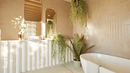 Bright Mediterranean-style bathroom with natural light, freestanding bathtub, wooden beams, and warm neutral tones. Features green plants, a modern vanity, arched windows. Body care. 3d render. Spa