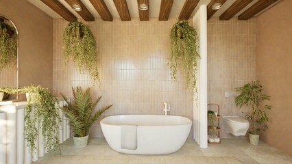 Bright Mediterranean-style bathroom with natural light, freestanding bathtub, wooden beams, and warm neutral tones. Features green plants, a modern vanity, arched windows. Body care. 3d render. Spa
