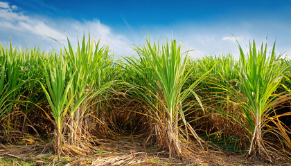 field of sugarcane is shown with a blue sky in the background