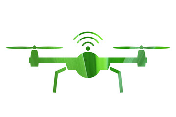Abstract green drone icon with tropical leaf texture and wireless signal symbol representing eco technology, innovation, and environmental monitoring on transparent background. Esg smart farming