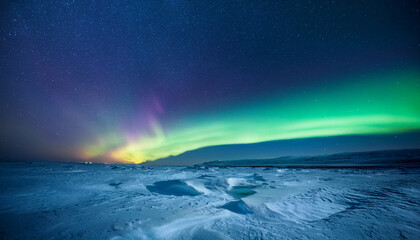 Naklejka premium low angle shot of glowing auroras stretching across the sky above a frozen tundra under a star filled night cinematic surreal majesty