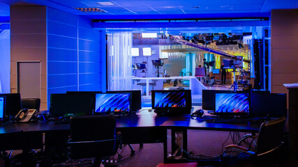 abstract blurred background with tv equipment in tv studio