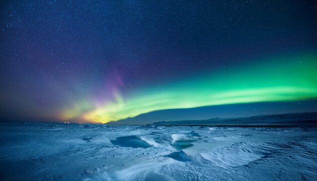 low angle shot of glowing auroras stretching across the sky above a frozen tundra under a star filled night cinematic surreal majesty - Powered by Adobe