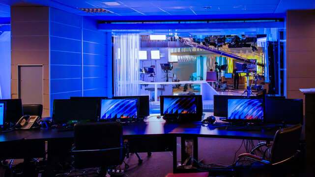 abstract blurred background with tv equipment in tv studio