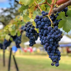 Naklejka premium Close up of a bunch of ripe dark purple grapes hanging from a vine.