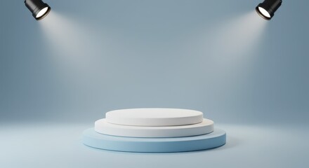 Three level round podium for product display with spotlights on a blue background.