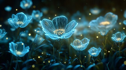 Glowing flowers in a field at night.