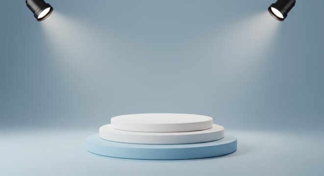 Three level round podium for product display with spotlights on a blue background.