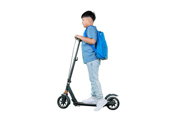 Schoolboy Riding Scooter with Blue Backpack Side View