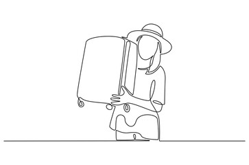 Continuous one line drawing of Young tourist woman with luggage. Single line drawing illustration of Woman with luggage. Tourist girl having holiday trip concept vector art. Doodle line illustration.