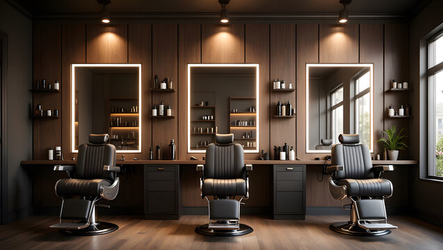 Upscale barbershop interior featuring three black leather chairs illuminated mirrors and dark wood paneling with product displays.