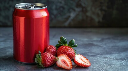 Fresh Strawberries Next to Aluminum Drink Can on Dark Background