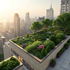 Fototapeta premium Lush rooftop garden on urban building at sunrise with vibrant green plants blending sustainable living and modern city life for eco-friendly architecture and green cityscape concepts