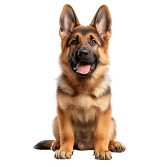 A close up portrait of a young alert and friendly German Shepherd puppy sitting against a clean white background