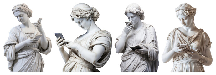 PNG Greek sculpture woman holding phone art juxtaposition electronics transparent background.