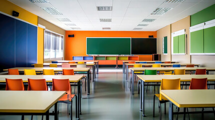 Brightly colored classroom with empty desks and chairs