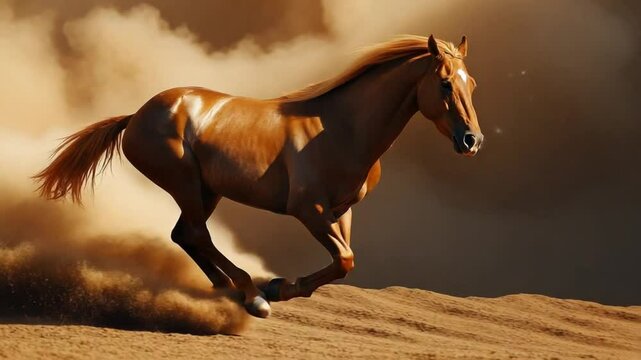 Majestic chestnut horse gallops gracefully across sandy dunes in slow motion