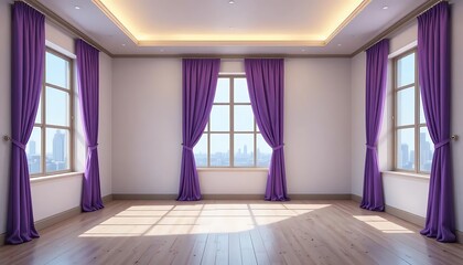 Fototapeta premium Elegant Empty Room with Purple Curtains and Wood Floor, Urban View
