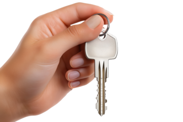 Close-Up of Hand Holding a Golden Key on White Background