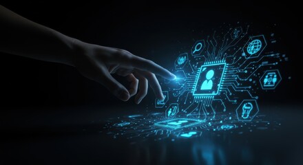 Human hand touching digital interface with glowing icons representing modern technology