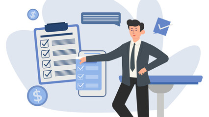 Flat business character illustration set. Professional people with charts, analytics, and report elements. Ideal for presentations, marketing, financial, and corporate UI design.