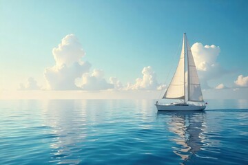 Fototapeta premium A lone sailboat glides effortlessly across a calm sea, propelled solely by the gentle breeze; the feeling of serenity and freedom is palpable , peaceful, mast