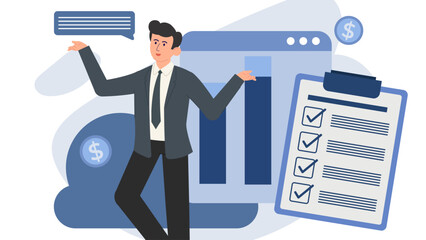 Flat business character illustration set. Professional people with charts, analytics, and report elements. Ideal for presentations, marketing, financial, and corporate UI design.