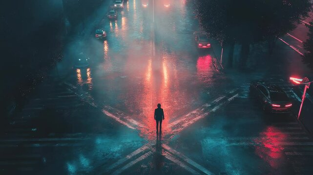 Solitary figure stands at crossroads in a misty urban landscape at night