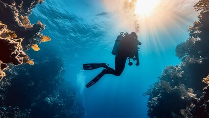 Scuba diver explores coral reef with sun rays shining through turquoise sea - Powered by Adobe