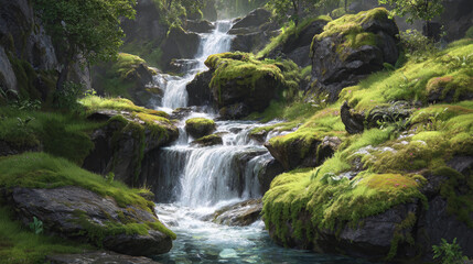 Fototapeta premium Lush Green Mountain Stream - Ideal for Eco-Tourism Brochures & Environmental Content